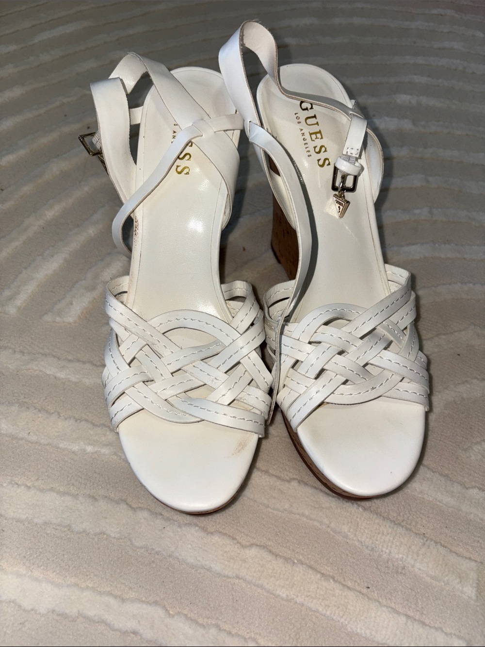 GUESS White Braided Slingback Block Heel Sandals with Gold Charm
